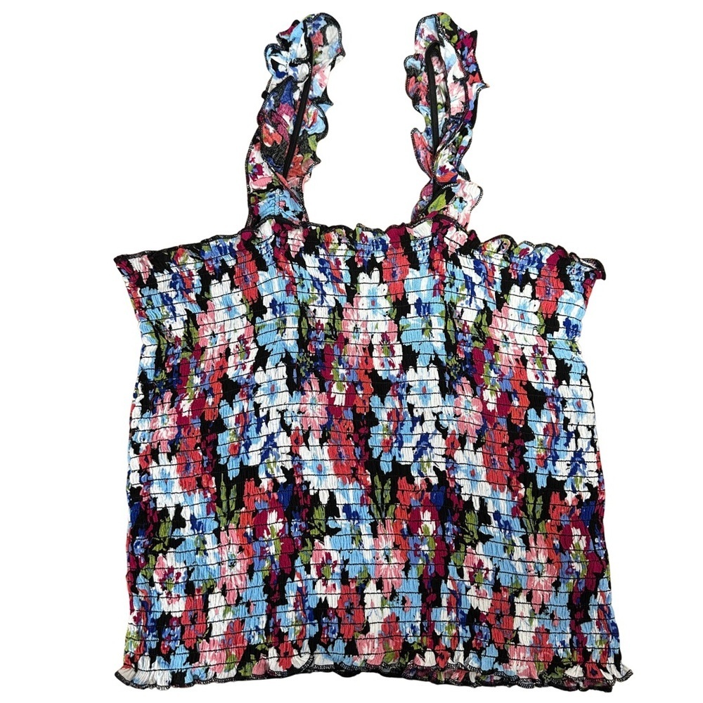 Suzy Shier Floral Smocked Cropped Top Ruffle Strap Stretchy Size M
